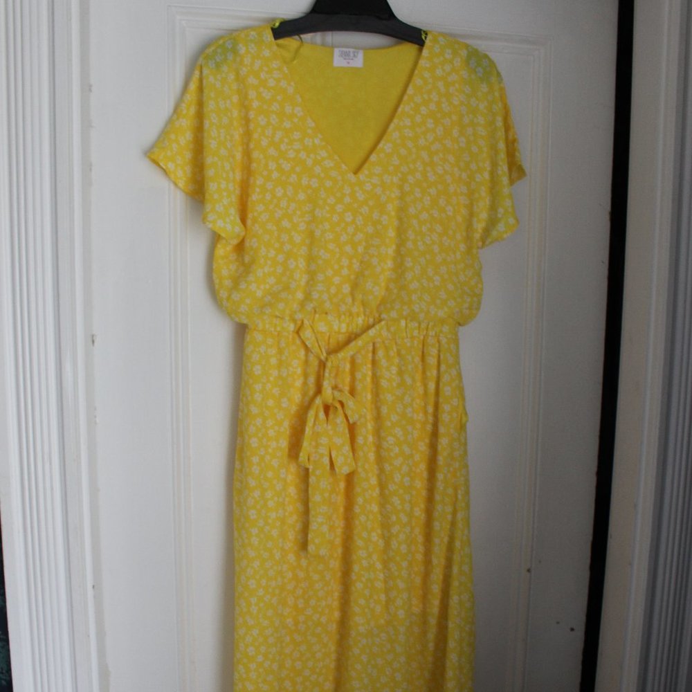 NWT Sienna Sky Yellow & White Floral Print Dress Lined Butterfly Sleeves Sz M